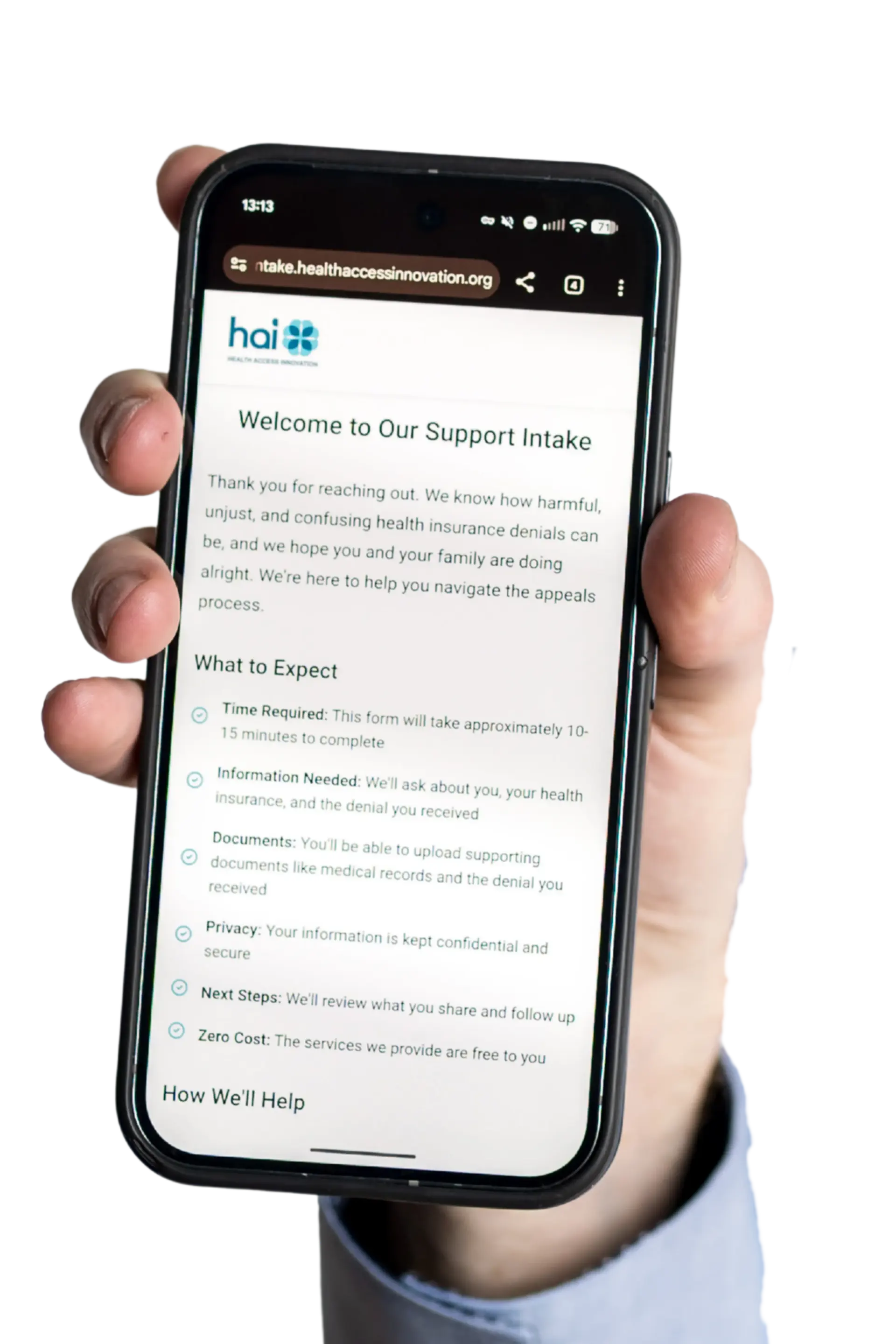 HAI intake form on mobile — free help appealing your insurance denial